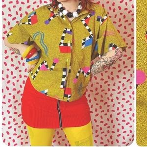 Vintage 80s Geometric Abstract Dolman Button-Up Top